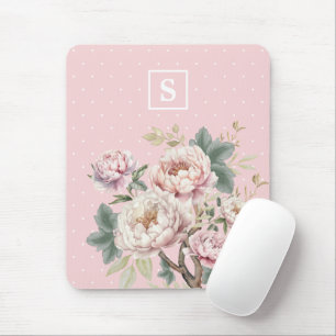 Girly Vintage Blush Cream Peony Floral Monogram Mouse Pad