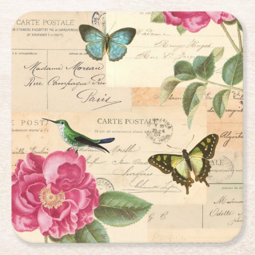 Girly vintage coaster w bird butterflies  rose