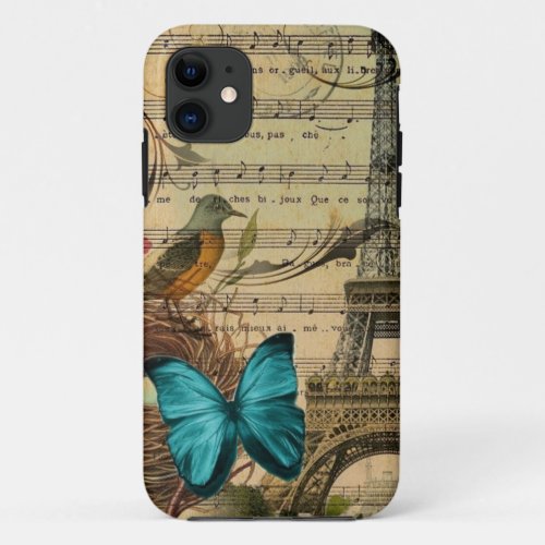 girly vintage eiffel tower floral  Music Notes iPhone 11 Case