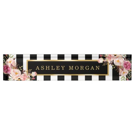 Girly Vintage Floral With Gold Black White Stripes Nameplate