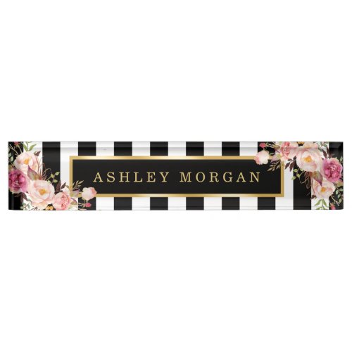 Girly Vintage Floral with Gold Black White Stripes Nameplate