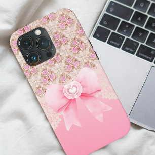 Girly Vintage Pink Floral Roses Ribbon And Lace iPhone 15 Pro Max Case