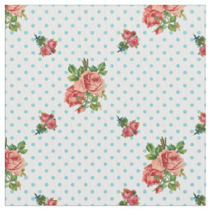 Girly Vintage Pink Roses and Blue Polka Dots Fabric