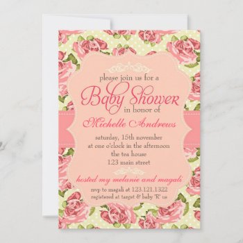 Girly Vintage Pink Roses Baby Shower Invitation by Jujulili at Zazzle