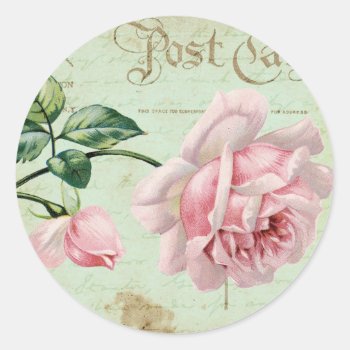 Girly Vintage Pink Roses Elegant Floral Cottage Classic Round Sticker by red_dress at Zazzle