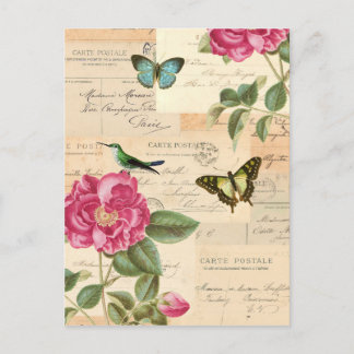 Girly vintage postcard with roses and butterflies