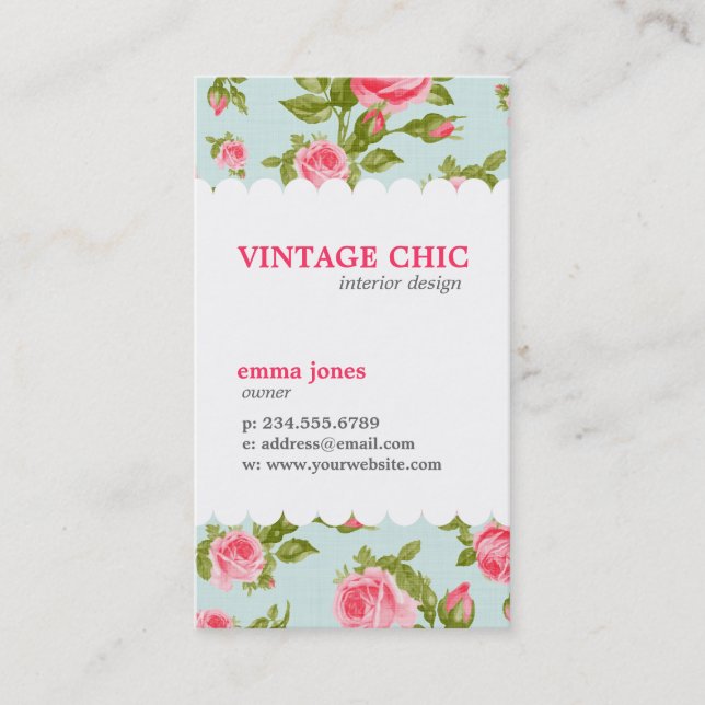 Girly Vintage Roses Floral Print Business Card (Front)