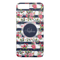 Girly vintage roses floral watercolor stripes iPhone 7 plus case