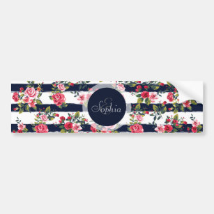 Girly vintage roses floral watercolour stripes bumper sticker