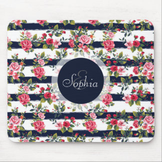 Girly vintage roses floral watercolour stripes mouse pad