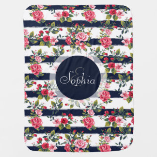 Girly vintage roses floral watercolour stripes receiving blanket