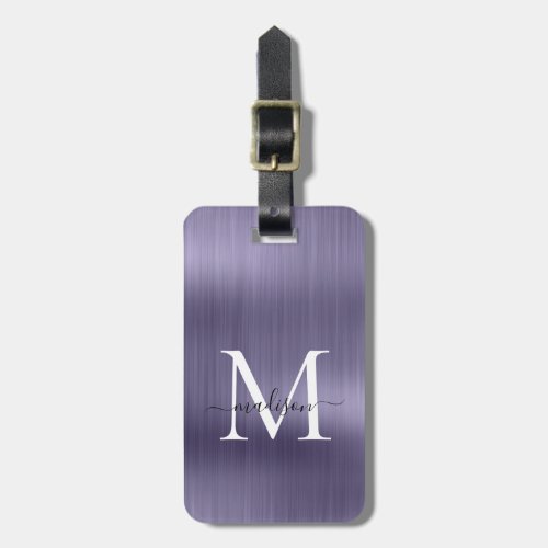 Girly Violet Brushed Metal Script Monogram Glam Luggage Tag