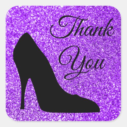 Girly Violet Glitter Black High Heel Thank You Square Sticker