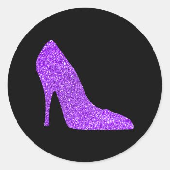 Girly Violet Glitter High Heel Black Classic Round Sticker by purplestuff at Zazzle
