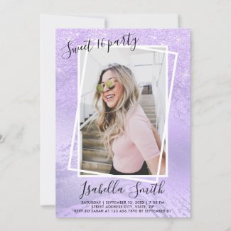 Girly violet glitter sweet sixteen birthday party invitation