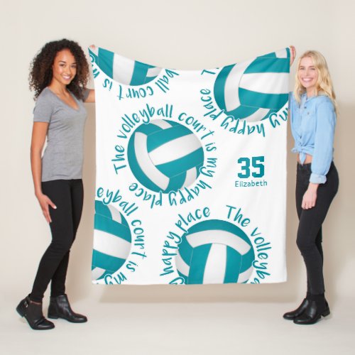 girly volleyball court happy place teal gray fleece blanket