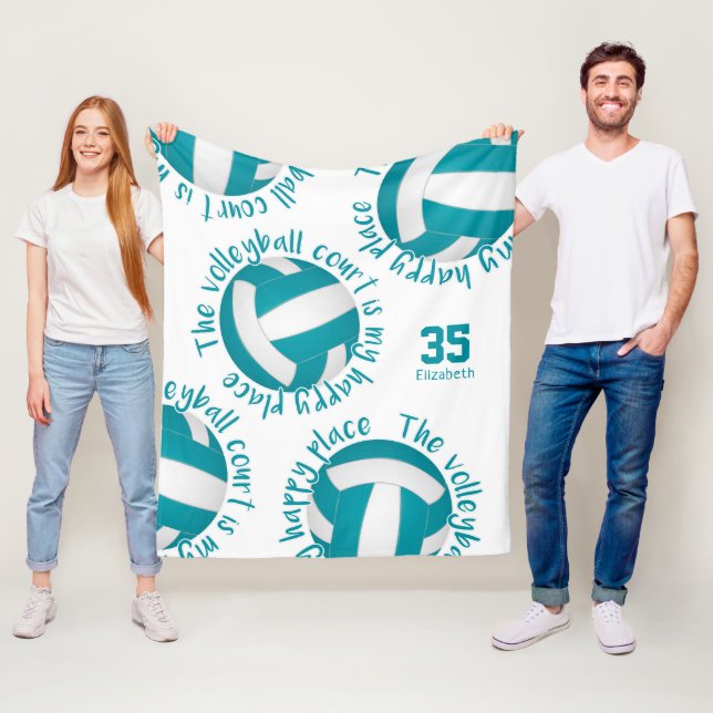 girly volleyball court happy place teal gray fleece blanket (In Situ)