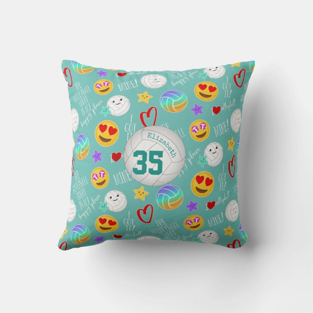 girly volleyball happy kawaii emoji teal throw pillow Zazzle