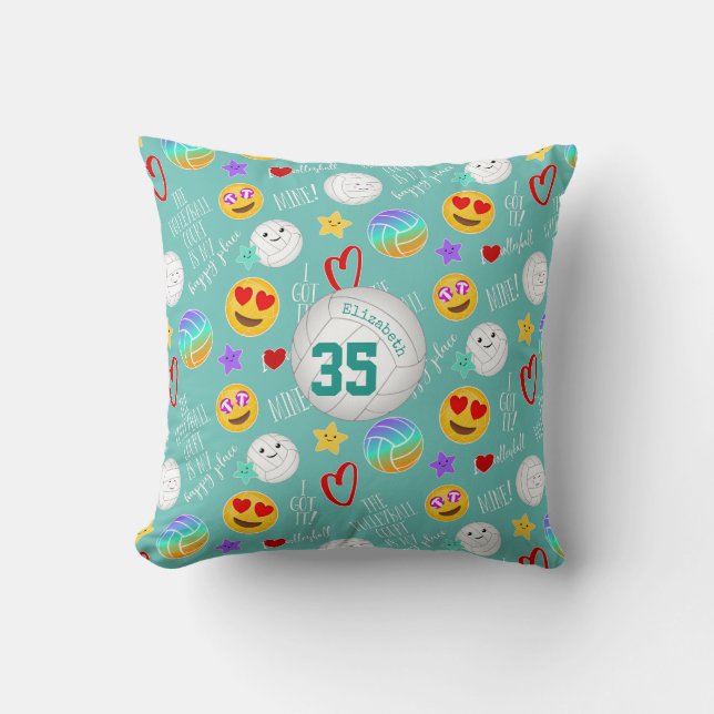girly volleyball happy kawaii emoji teal throw pillow (Front)