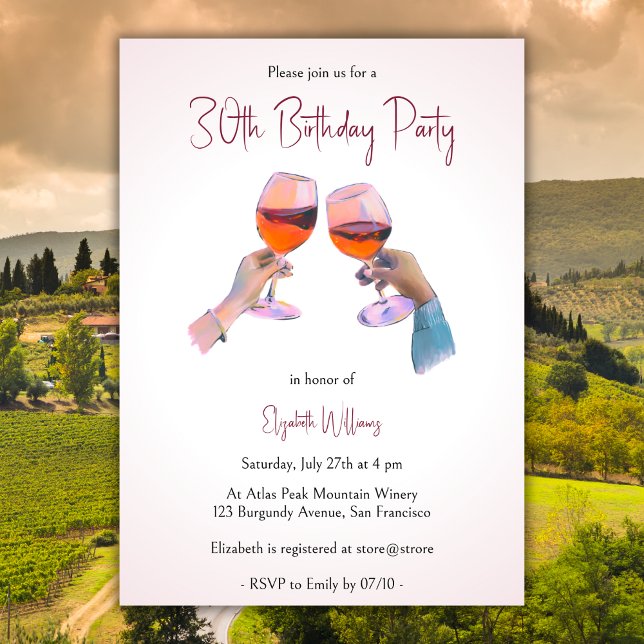 Girly Watercolor Adult Red Wine Birthday Party Invitation (Creator Uploaded)