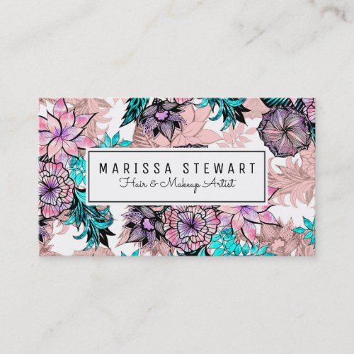Girly Watercolor and Rose Gold Floral Illustration Business Card