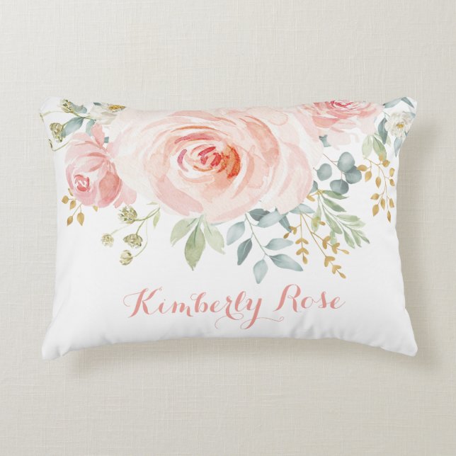 Girly Watercolor Blush Pink Roses Nursery Decor Accent Pillow (Front)