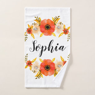 Girly Watercolor Coral Floral Wreath Custom Text Hand Towel