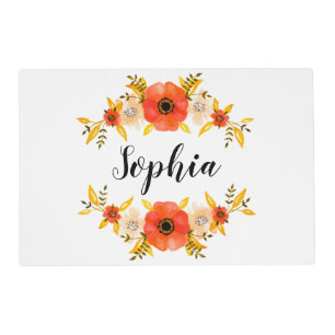Girly Watercolor Coral Floral Wreath Custom Text Placemat