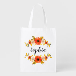 Girly Watercolor Coral Floral Wreath Custom Text Reusable Grocery Bag