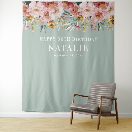 Girly watercolor floral 30th birthday blue chic  tapestry