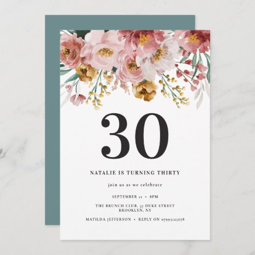 Girly watercolor floral 30th birthday pink blue