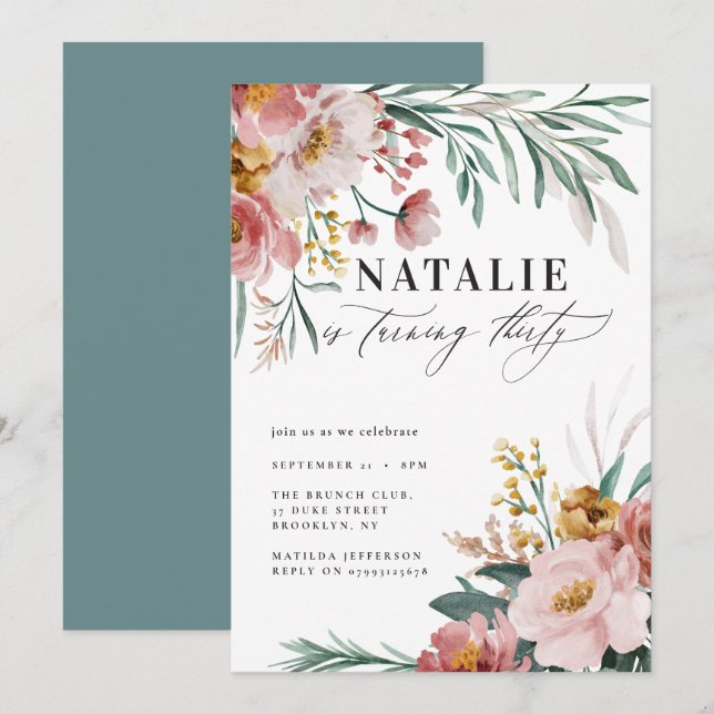 Girly watercolor floral 30th birthday pink blue (Front/Back)