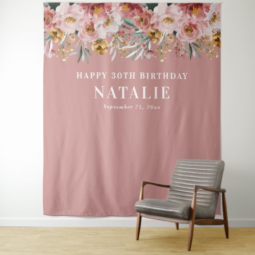 Girly watercolor floral 30th birthday pink chic ta tapestry