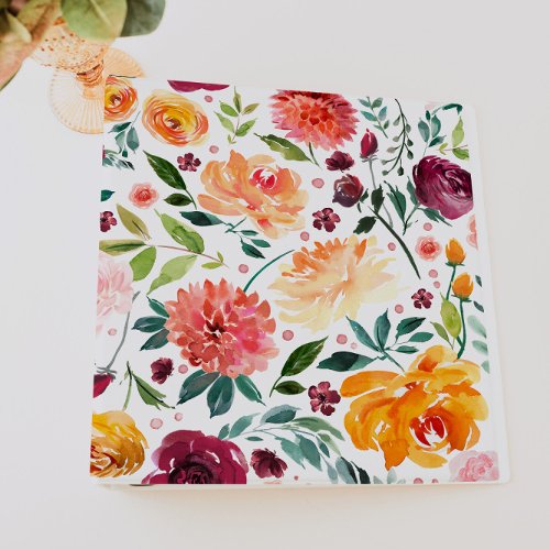 Girly Watercolor Floral 3 Ring Binder