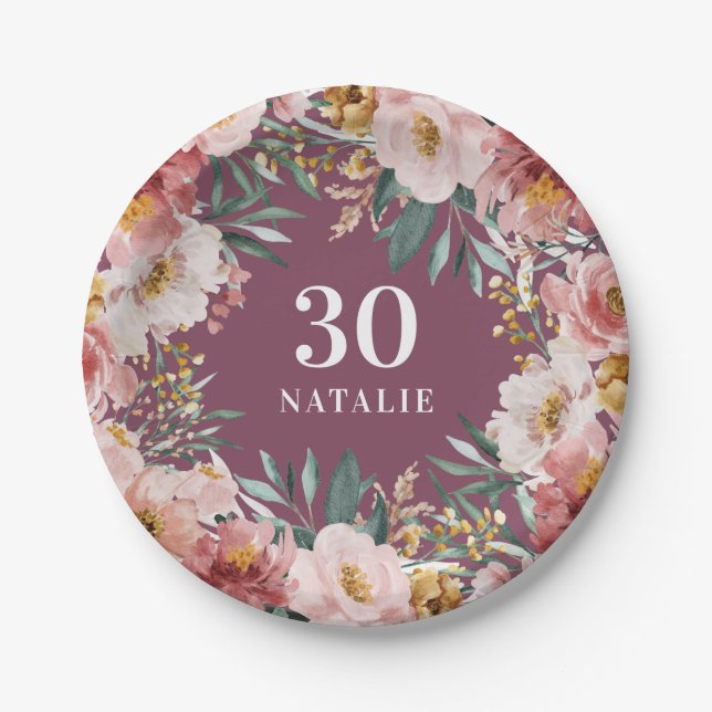 Girly watercolor floral birthday pink chic paper plates (Front)