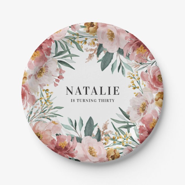 Girly watercolor floral birthday pink chic paper plates (Front)