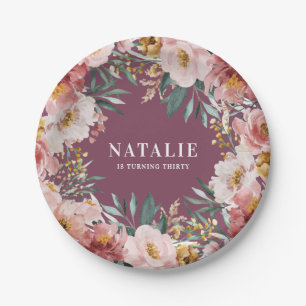Girly watercolor floral birthday pink chic paper plates