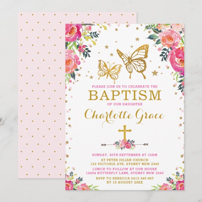Girly Watercolor Floral Butterfly Baptism Invitation (Front/Back)