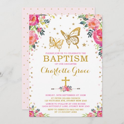 Girly Watercolor Floral Butterfly Baptism Invitation