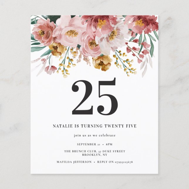 Girly watercolor floral editable age birthday (Front)