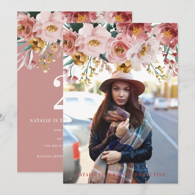 Girly watercolor floral editable age photo (Front/Back)