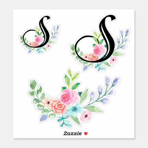 Girly Watercolor Floral Letter S Sticker