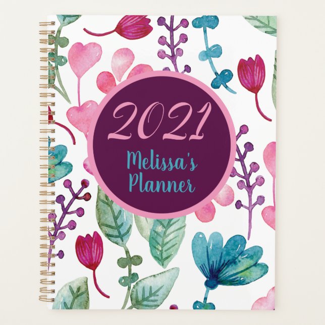 Girly Watercolor Floral Pattern Personalize Script Planner (Front)