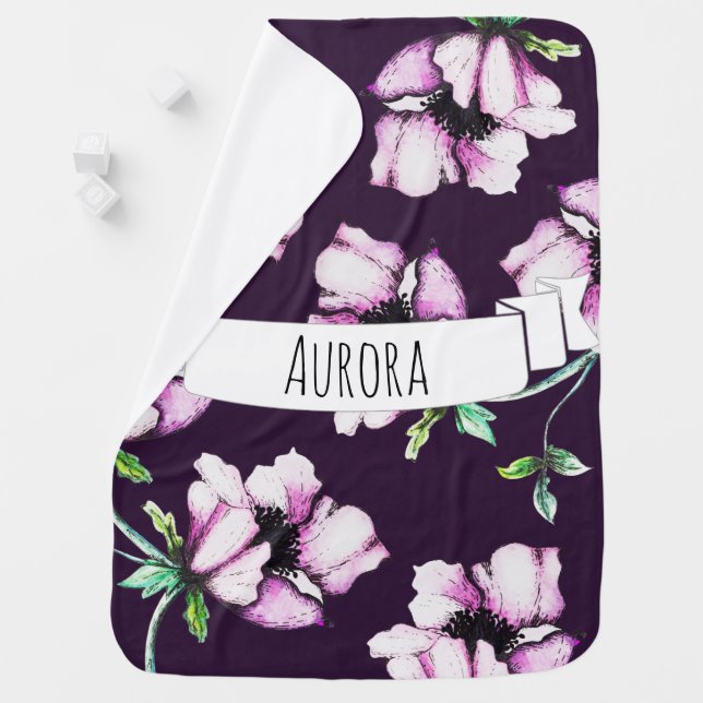 Girly Watercolor & Ink Purple Flowers Baby's Name Swaddle Blanket (In Situ)