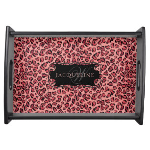 Girly Watercolor Leopard Pink Black Monogram Name Serving Tray