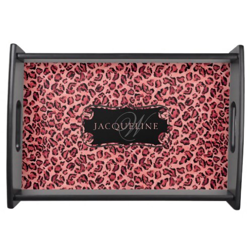 Girly Watercolor Leopard Pink Black Monogram Name Serving Tray