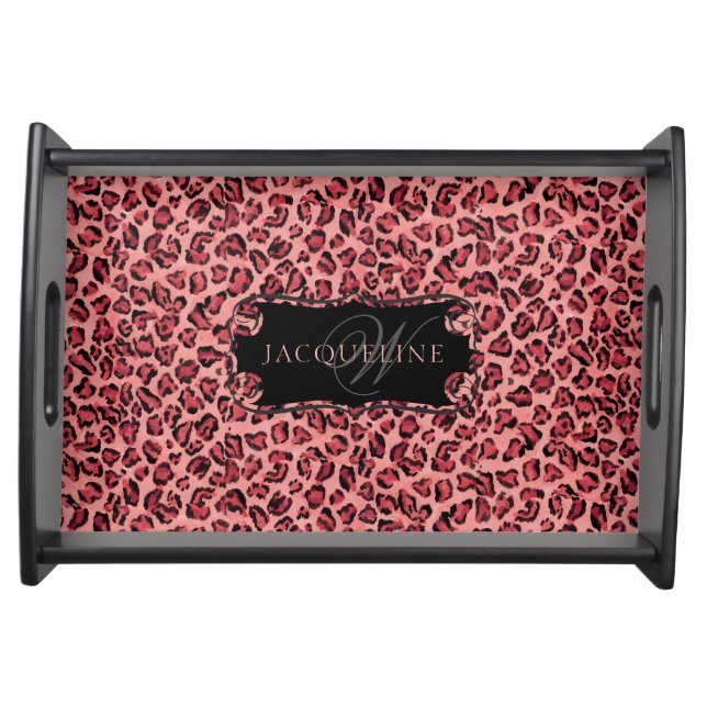 Girly Watercolor Leopard Pink Black Monogram Name Serving Tray (Front)