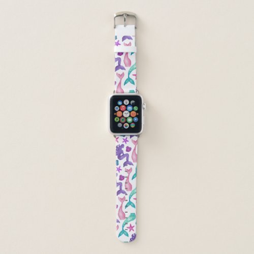 Girly Watercolor Mermaids Tales Seashells Pattern Apple Watch Band