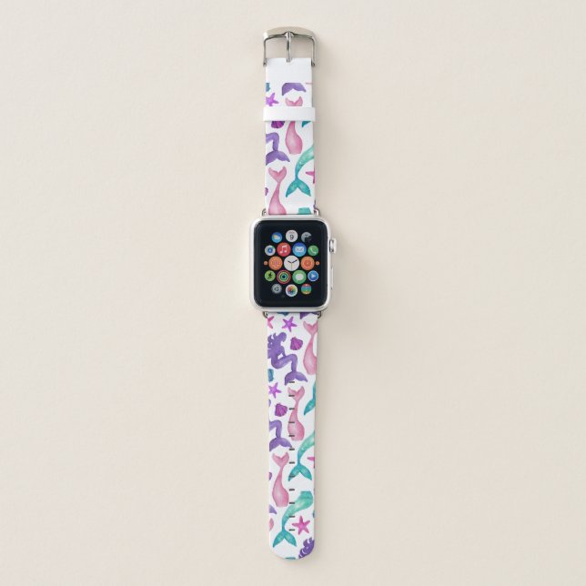 Girly Watercolor Mermaids Tales Seashells Pattern Apple Watch Band (Front)
