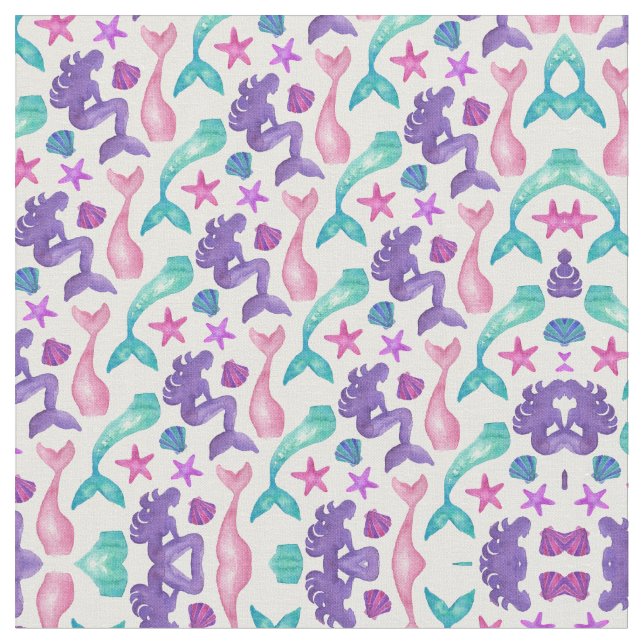 Girly Watercolor Mermaids Tales Seashells Pattern Fabric (Close Up)